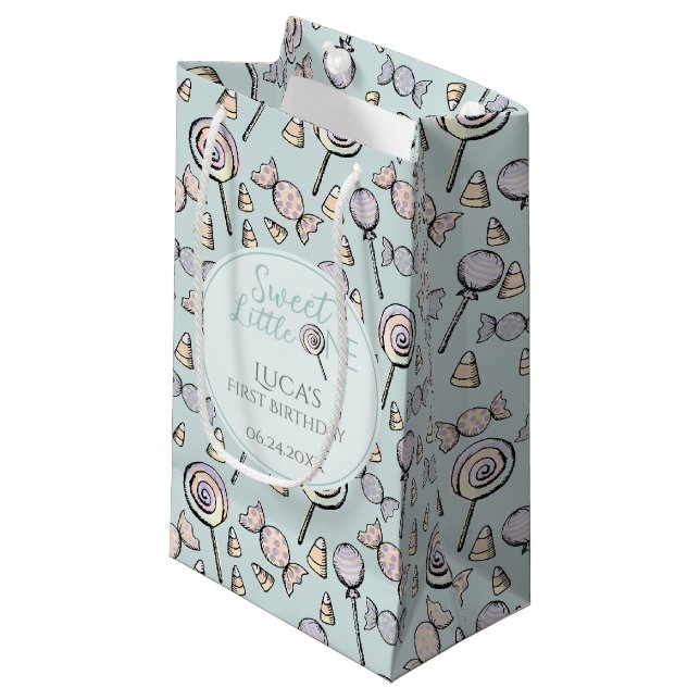 Blue Candy Theme 1st Birthday Small Gift Bag (Front Angled)