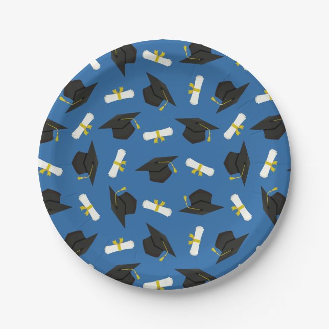Blue Caps Diplomas Pattern Graduation Party Paper Plate (Front)