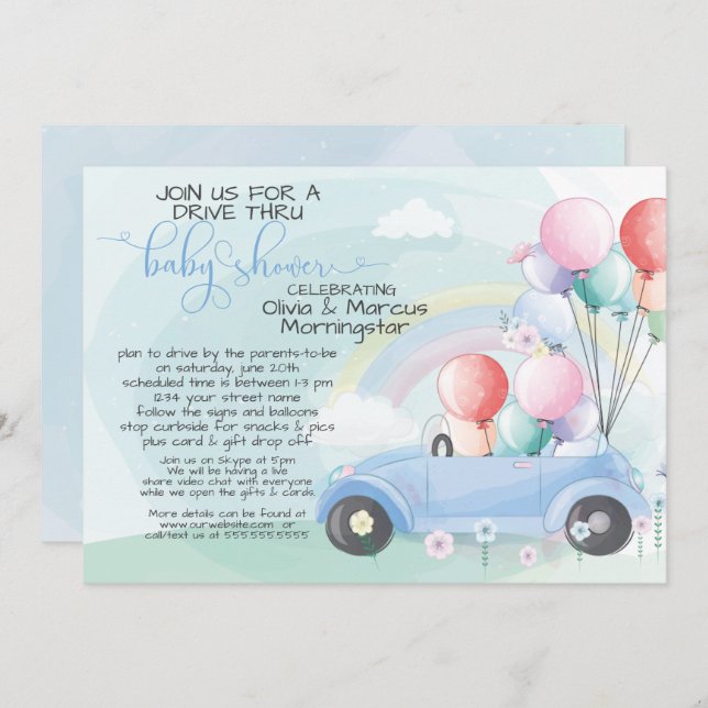 Blue Car Balloons Drive Thru Baby SHower Invitation (Front/Back)