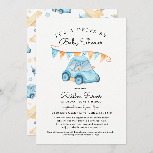 Blue Car Drive By Baby Shower Invitation Boy (Front/Back)