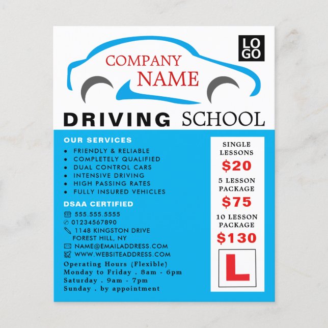 Blue Car Logo, Driving School, Instructor Advert Flyer (Front)