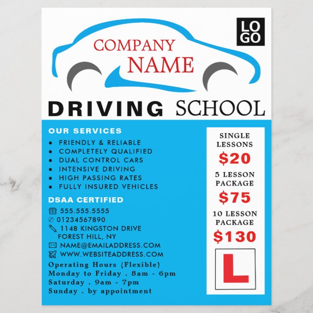 Blue Car Logo, Driving School, Instructor Advert Flyer (Front)