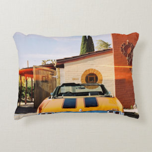 Blue car parked beside brown concrete building in decorative cushion