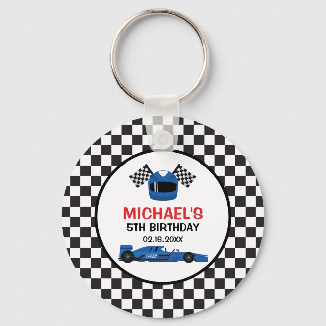 Blue Car Racing Birthday Key Ring (Front)