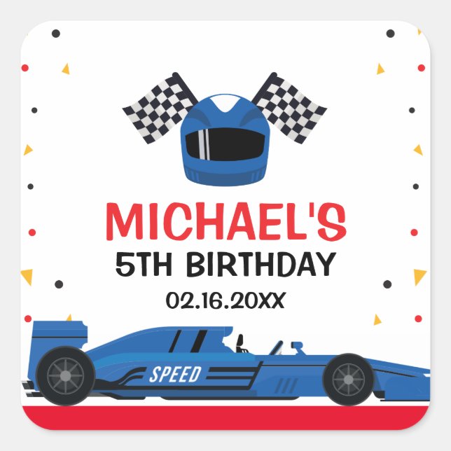 Blue Car Racing Birthday Square Sticker (Front)