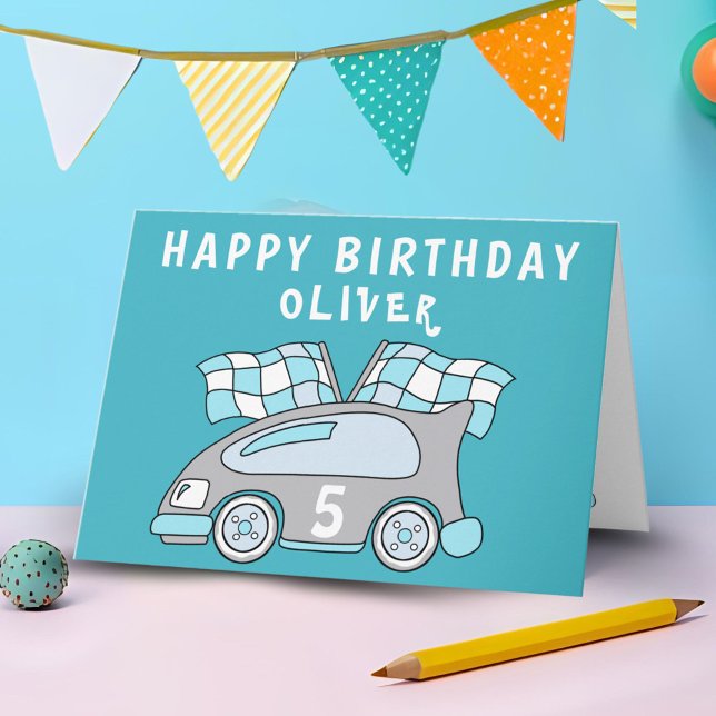 Blue Car Racing Flag Boy Birthday Card (Creator Uploaded)