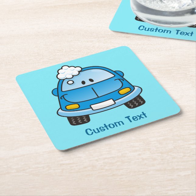 Blue car with bubbles square paper coaster (Angled)