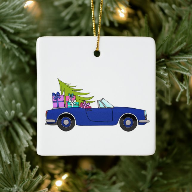 Blue Car with Christmas Gifts Ceramic Ornament (Tree)