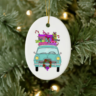 Blue Car with Christmas Gifts Ceramic Tree Decoration