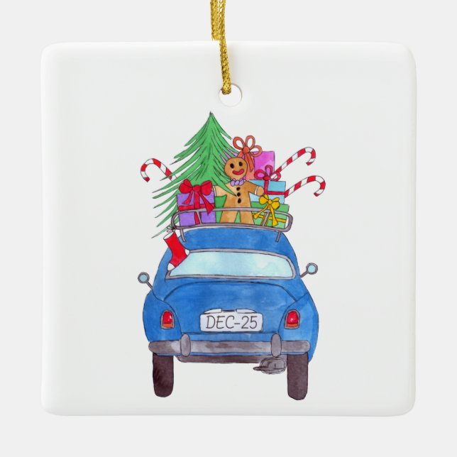 Blue Car with Christmas Gifts Watercolor Ceramic Ornament (Front)