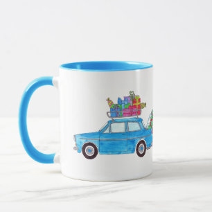 Blue Car with Christmas Gifts Watercolor Mug