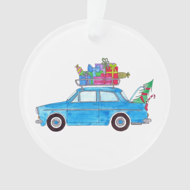 Blue Car with Christmas Gifts Watercolor Ornament (Front)