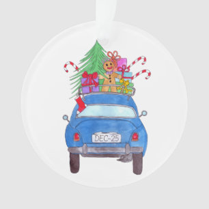 Blue Car with Christmas Gifts Watercolor Ornament
