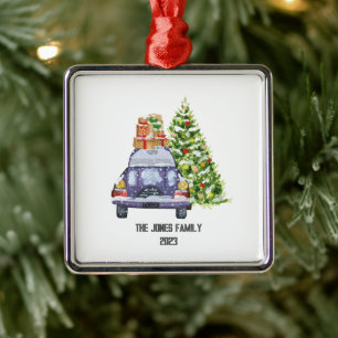 Blue Car with Christmas Presents atop and Tree Metal Tree Decoration
