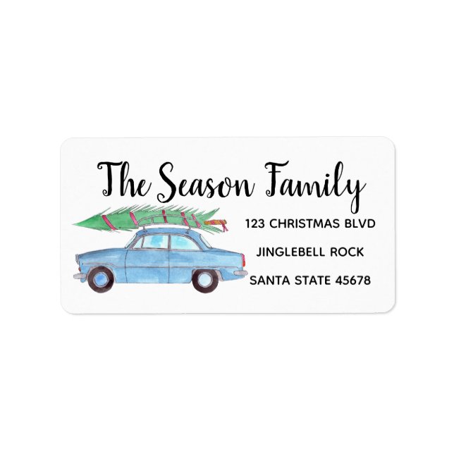 Blue Car with  Christmas tree Watercolor Label (Front)