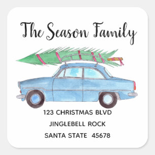 Blue Car with  Christmas tree Watercolor Square Sticker