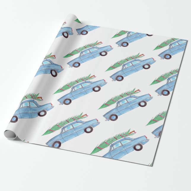 Blue Car with Christmas tree Watercolor Wrapping Paper (Unrolled)