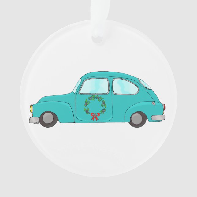 blue car with Christmas wreath Ornament (Front)