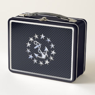 Blue Carbon Nautical Silver Yacht Flag Print Metal Lunch Box