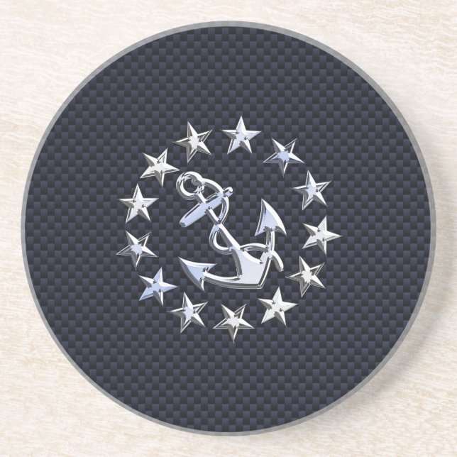 Blue Carbon Style Nautical Chrome Yacht Flag Print Coaster (Front)