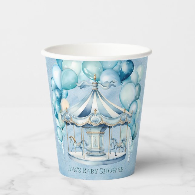 Blue Carousel with Arch Balloons Boy Baby Shower Paper Cups (Front)