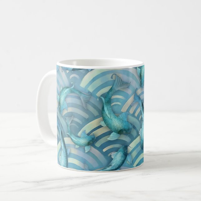 Blue Carp Koi Fish Pattern Coffee Mug (Front Left)