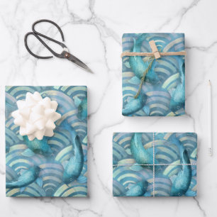Blue Carp Koi Fish Pattern Wrapping Paper Sheet