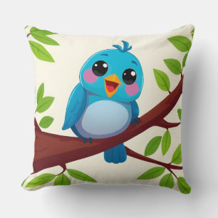 Blue Cartoon Bird Perched on Branch with Leaves Cushion