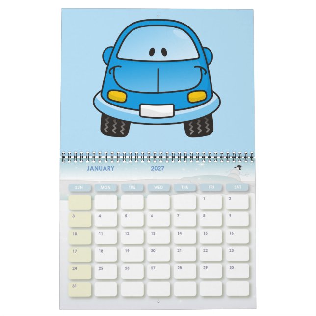 Blue cartoon car calendar (Jan 2027)