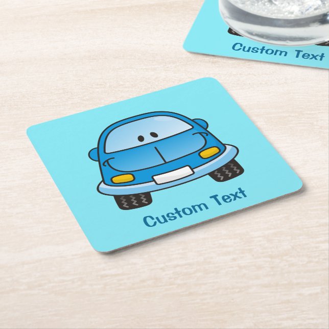 Blue cartoon car square paper coaster (Angled)