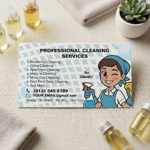 Blue Cartoon Cleaner Professional Cleaning Service Business Card