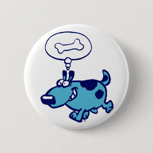 Blue Cartoon Dog thinking of bone Button Badge