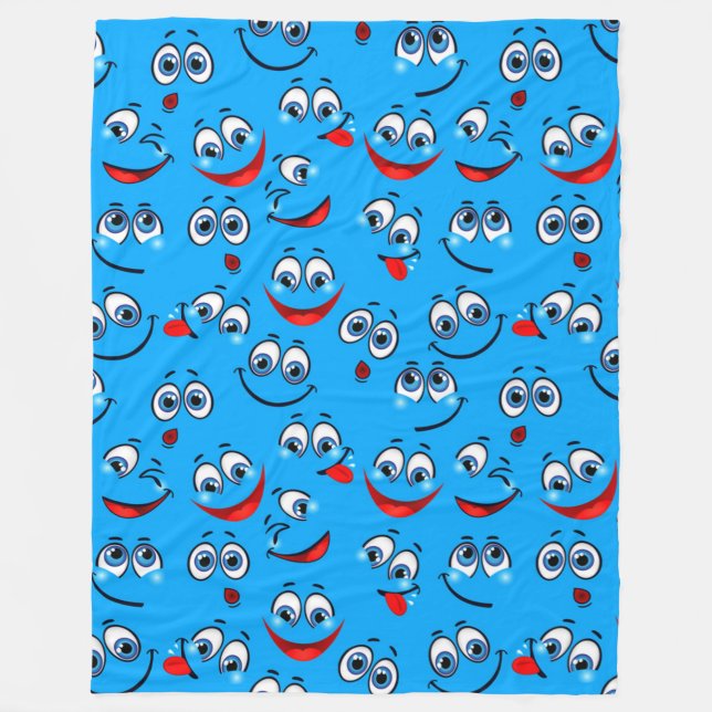 Blue Cartoon Face Pattern Fleece Blanket (Front)