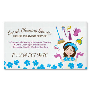 Blue Cartoon Girl Maid House Cleaning Service Magnetic Business Card
