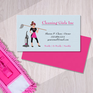 Blue Cartoon Girl With Mop House Cleaning Service Business Card