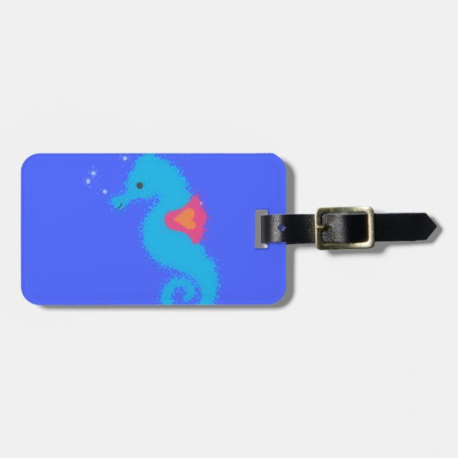 Blue Cartoon Seahorse Luggage Tag (Front Horizontal)