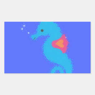 Blue Cartoon Seahorse Rectangular Sticker
