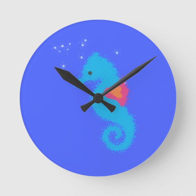 Blue Cartoon Seahorse Round Clock (Front)