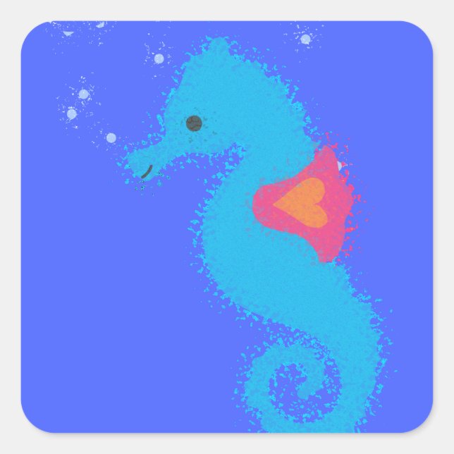 Blue Cartoon Seahorse Square Sticker (Front)