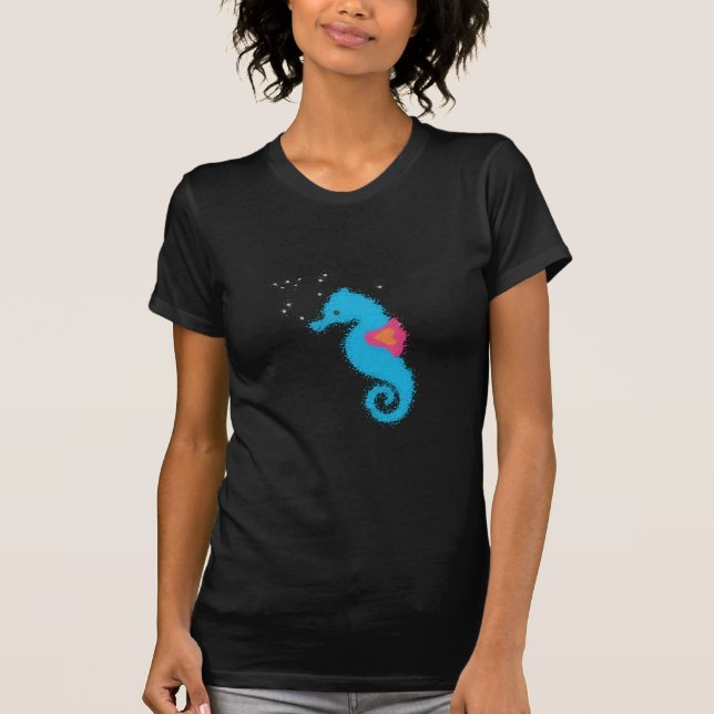 Blue Cartoon Seahorse T-Shirt (Front)