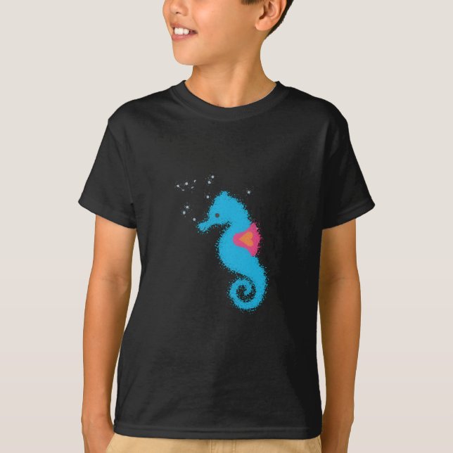 Blue Cartoon Seahorse T-Shirt (Front)