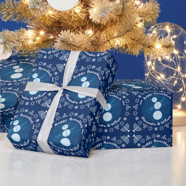 Blue Cartoon Snowman Holiday Happy Hanukkah Wrapping Paper (Holidays)