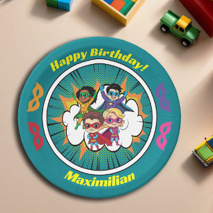 Blue Cartoon Superhero Comic Book Birthday Party Paper Plate