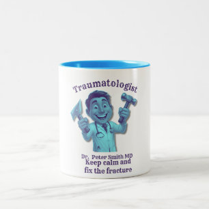BLUE Cartoon Surgeon With Hammer And Saw Print Two-Tone Coffee Mug