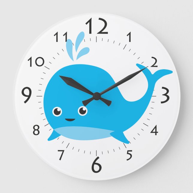 Blue Cartoon Whale Cute Kids Room Large Clock (Front)