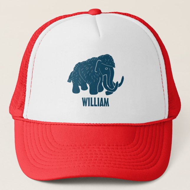 Blue Cartoon Woolly Mammoth Personalised Trucker Hat (Front)
