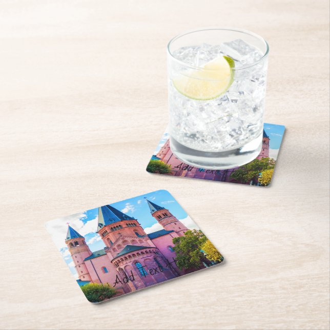 Blue Castle, Blue Skies Square Paper Coaster (Insitu)