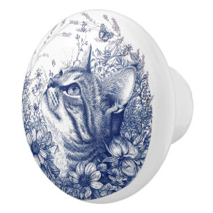 Blue Cat and Lavender Border Ceramic Knob