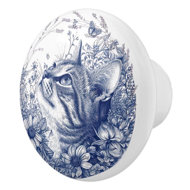 Blue Cat and Lavender Border Ceramic Knob (Right)