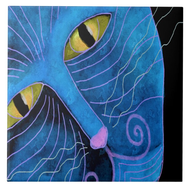 Blue Cat Face Abstract Painting Tile (Front)